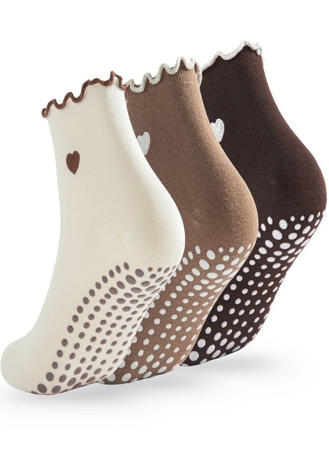 Soxbang 3/6 Pairs Cute Pilates Socks with Grips,Yoga Socks Barre Sock Non Slip Embroidery for Barre Ballet Workout (US, Numeric, 5, 9, Regular, Regular, Ruffle(1cream1Light brown1Dark brown)) - Image 1